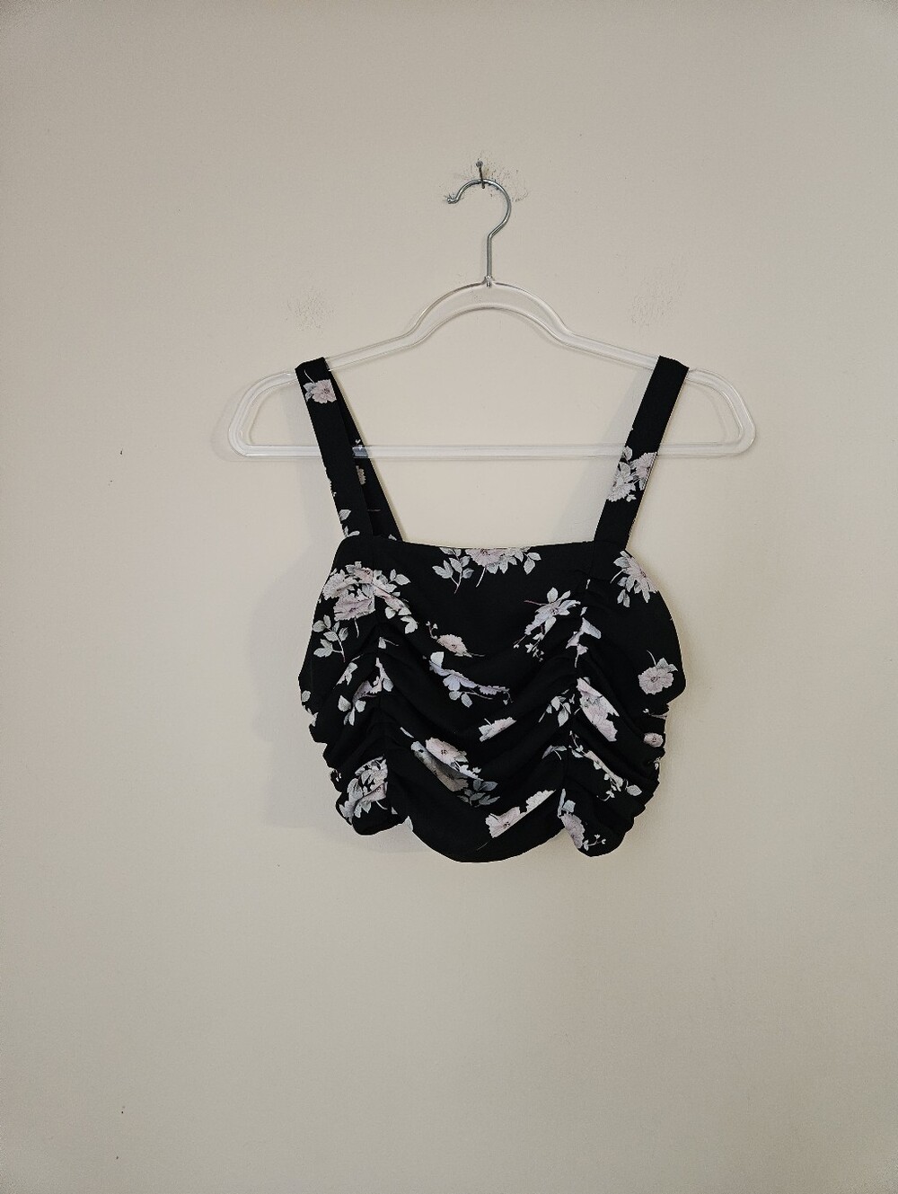 Express Floral Ruched Black Crop Tank Top, Size XS